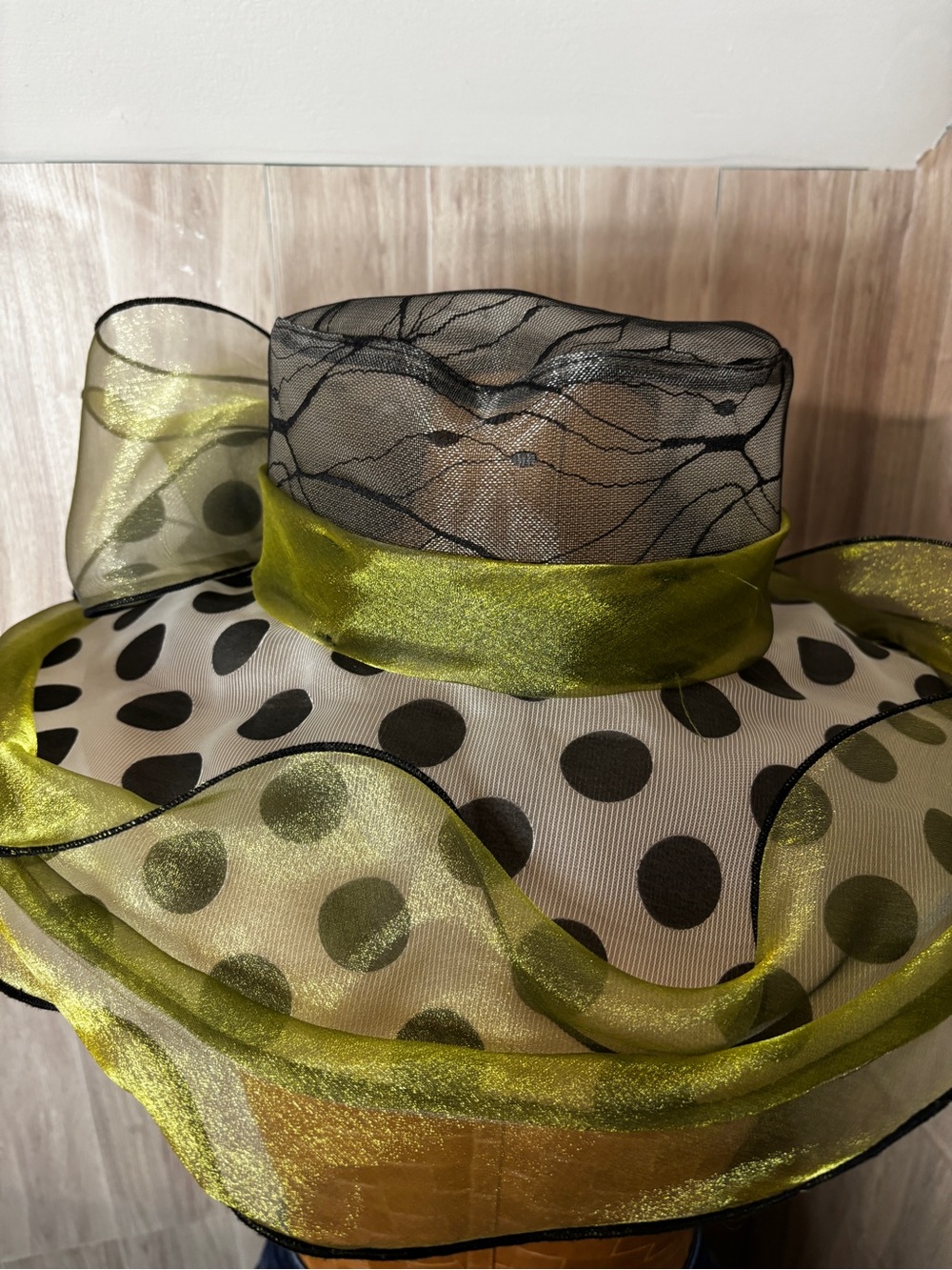 Elegant Olive Green and Black White Polka Dot Organza Derby Wide-Brim Hat - Picture 9 of 12